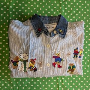 VTG 90s Solutions Denim 90s little bear winter scene button down Petite Medium